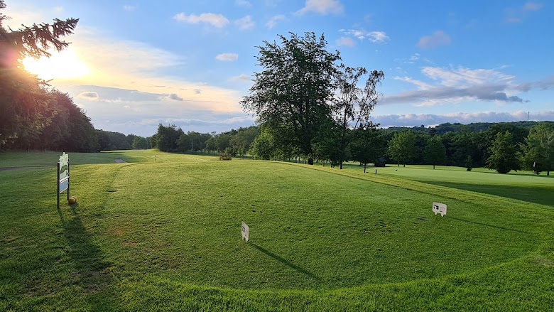 Blick auf eine Golfplatz-Landschaft mit grünem Rasen, Bäumen und einem Sonnenuntergang im Hintergrund.